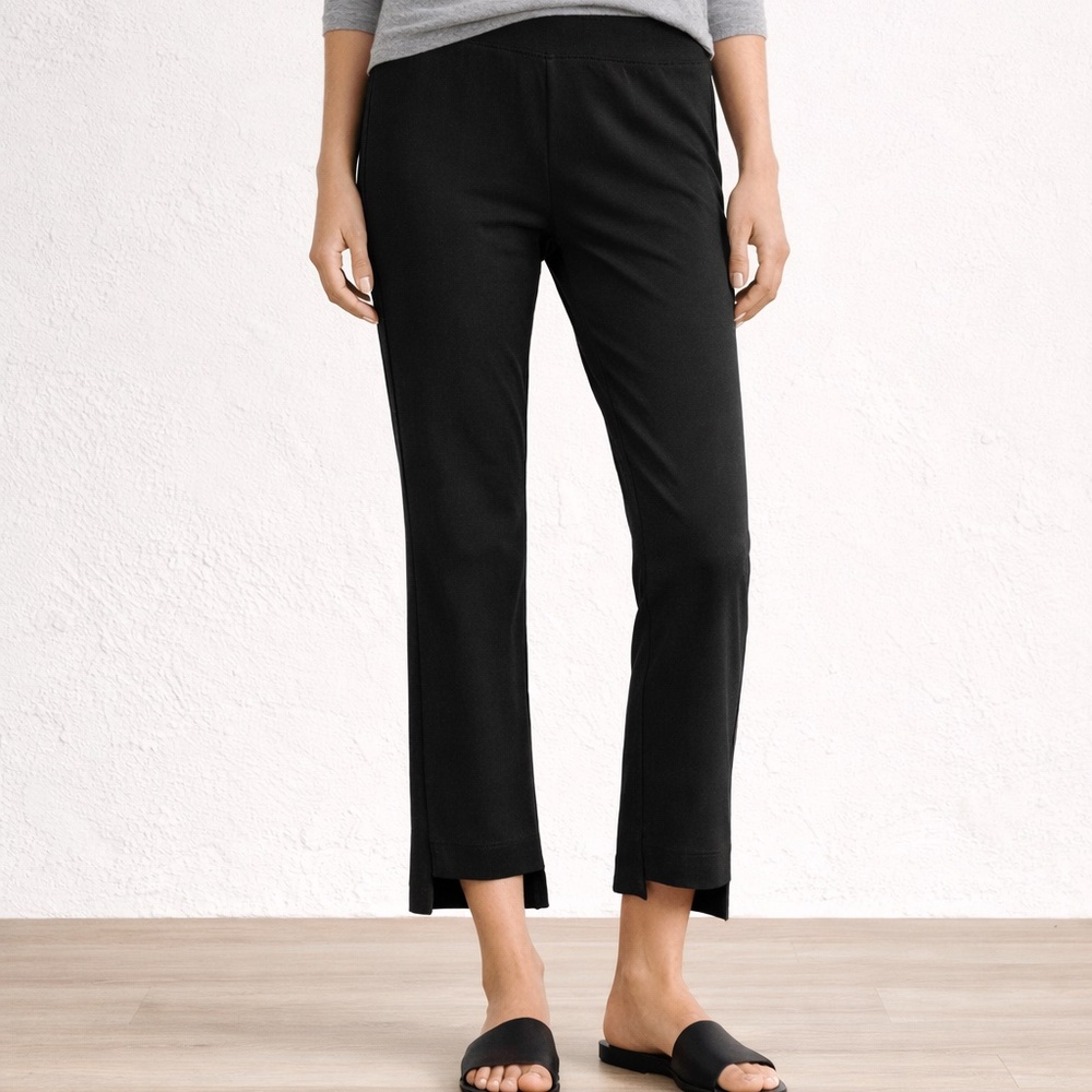 Eileen Fisher Black Slim Ankle Pants Side Slit Hem Pull On Stretch Knit M